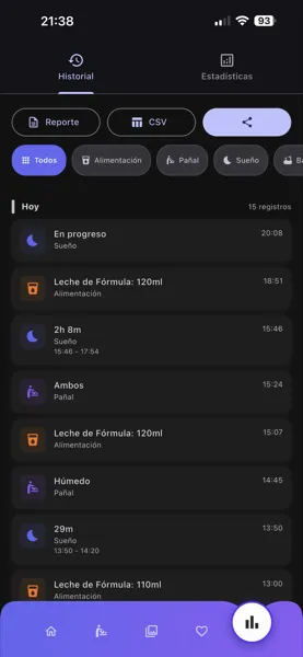 Timeline de sueño, comida y pañal en la app Alfonso
