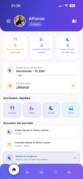 Pantalla de inicio de Alfonso con el resumen del día del bebé